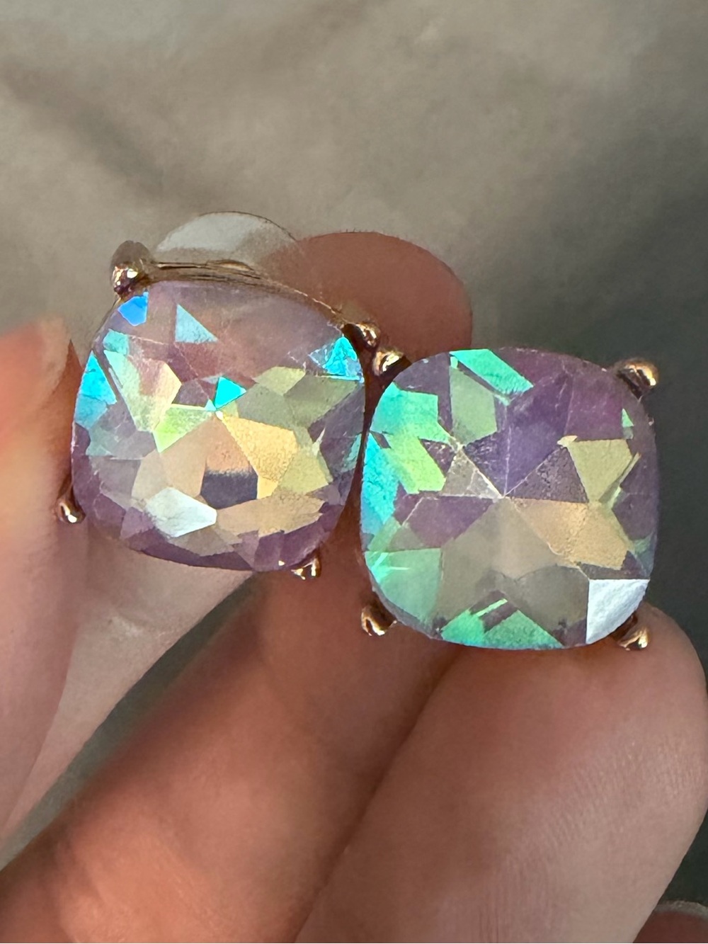 Iridescent Crystal Stud Earrings - Square Cushion